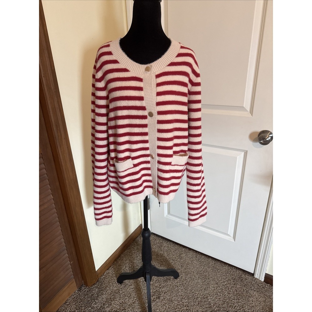 Umgee Red and Cream Striped Button-Up Knit Cardigan NWT Large